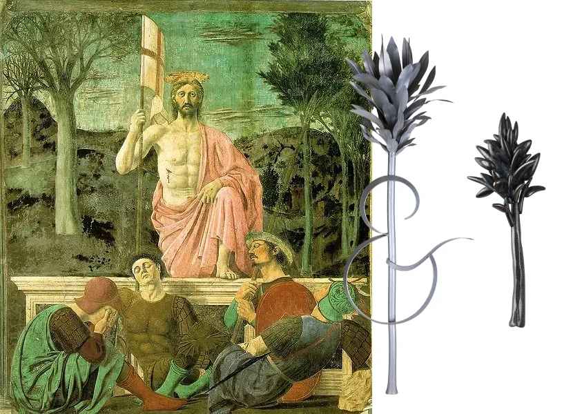 Piero della Francesca's Resurrection fresco beside the Arbor & Eye insignia sculptures